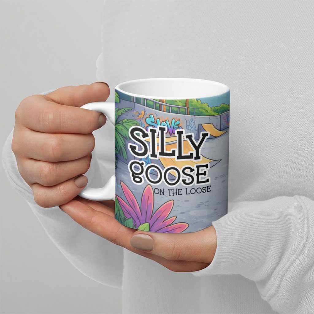 Funny Silly Goose on The Loose Ceramic Mug with Skateboard and Palm Trees