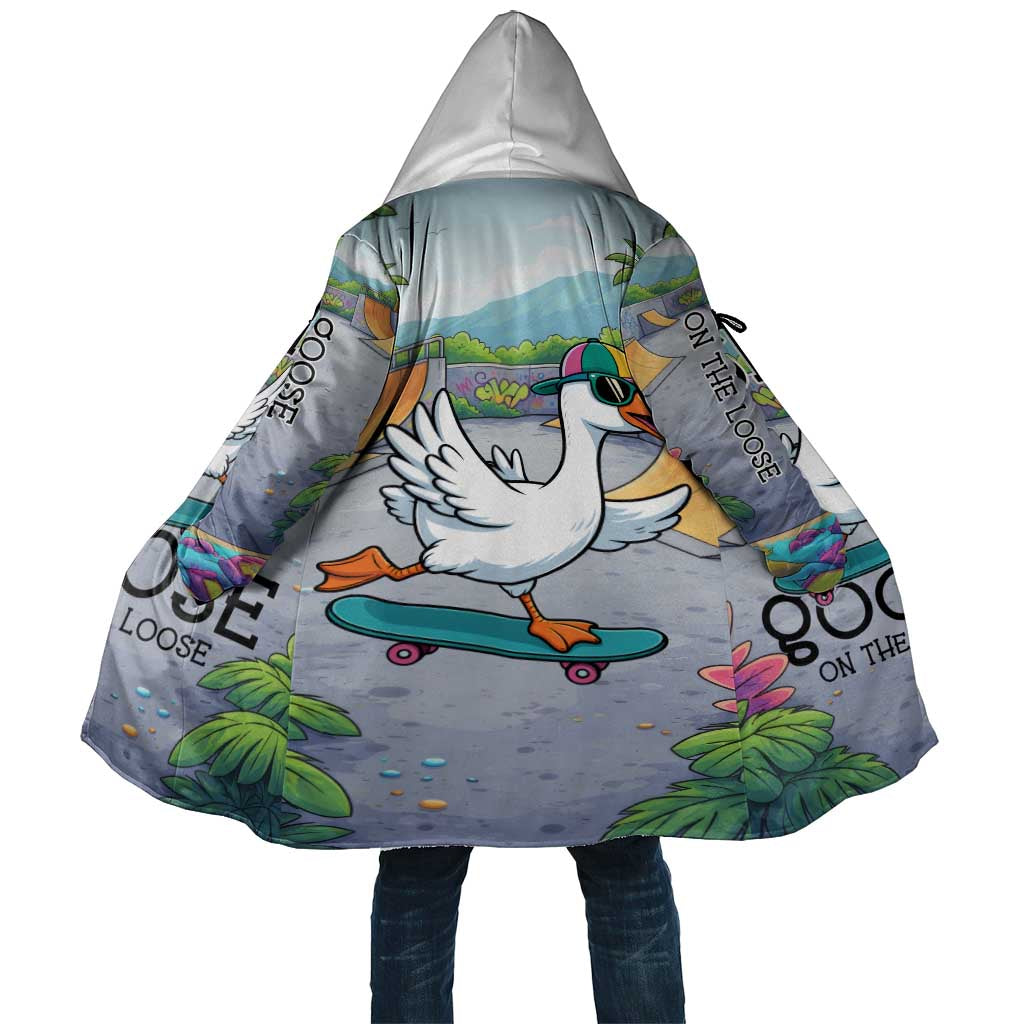Funny Silly Goose on The Loose Cloak with Skateboard and Palm Trees