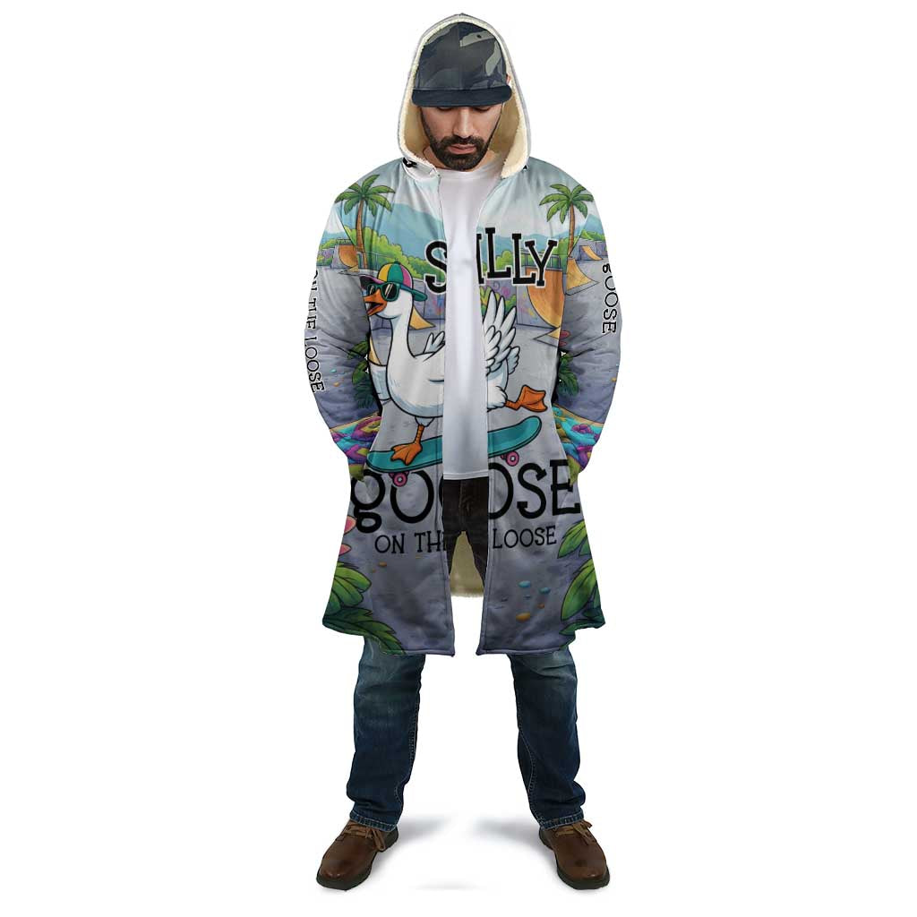 Funny Silly Goose on The Loose Cloak with Skateboard and Palm Trees