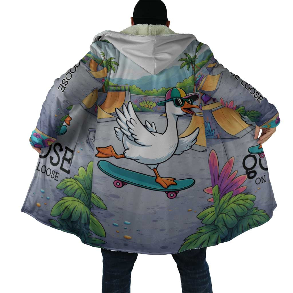 Funny Silly Goose on The Loose Cloak with Skateboard and Palm Trees