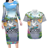 Funny Silly Goose on The Loose Couples Matching Long Sleeve Bodycon Dress and Hawaiian Shirt with Skateboard and Palm Trees