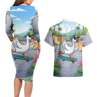 Funny Silly Goose on The Loose Couples Matching Long Sleeve Bodycon Dress and Hawaiian Shirt with Skateboard and Palm Trees