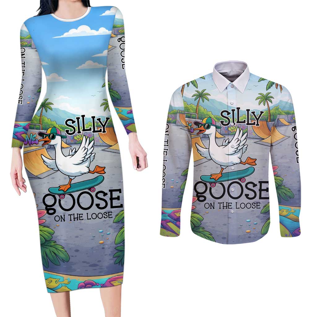 Funny Silly Goose on The Loose Couples Matching Long Sleeve Bodycon Dress and Long Sleeve Button Shirt with Skateboard and Palm Trees