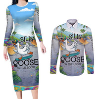 Funny Silly Goose on The Loose Couples Matching Long Sleeve Bodycon Dress and Long Sleeve Button Shirt with Skateboard and Palm Trees