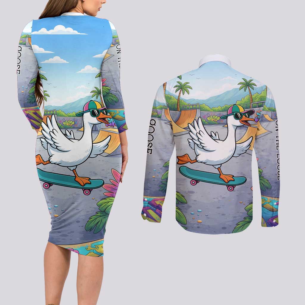 Funny Silly Goose on The Loose Couples Matching Long Sleeve Bodycon Dress and Long Sleeve Button Shirt with Skateboard and Palm Trees