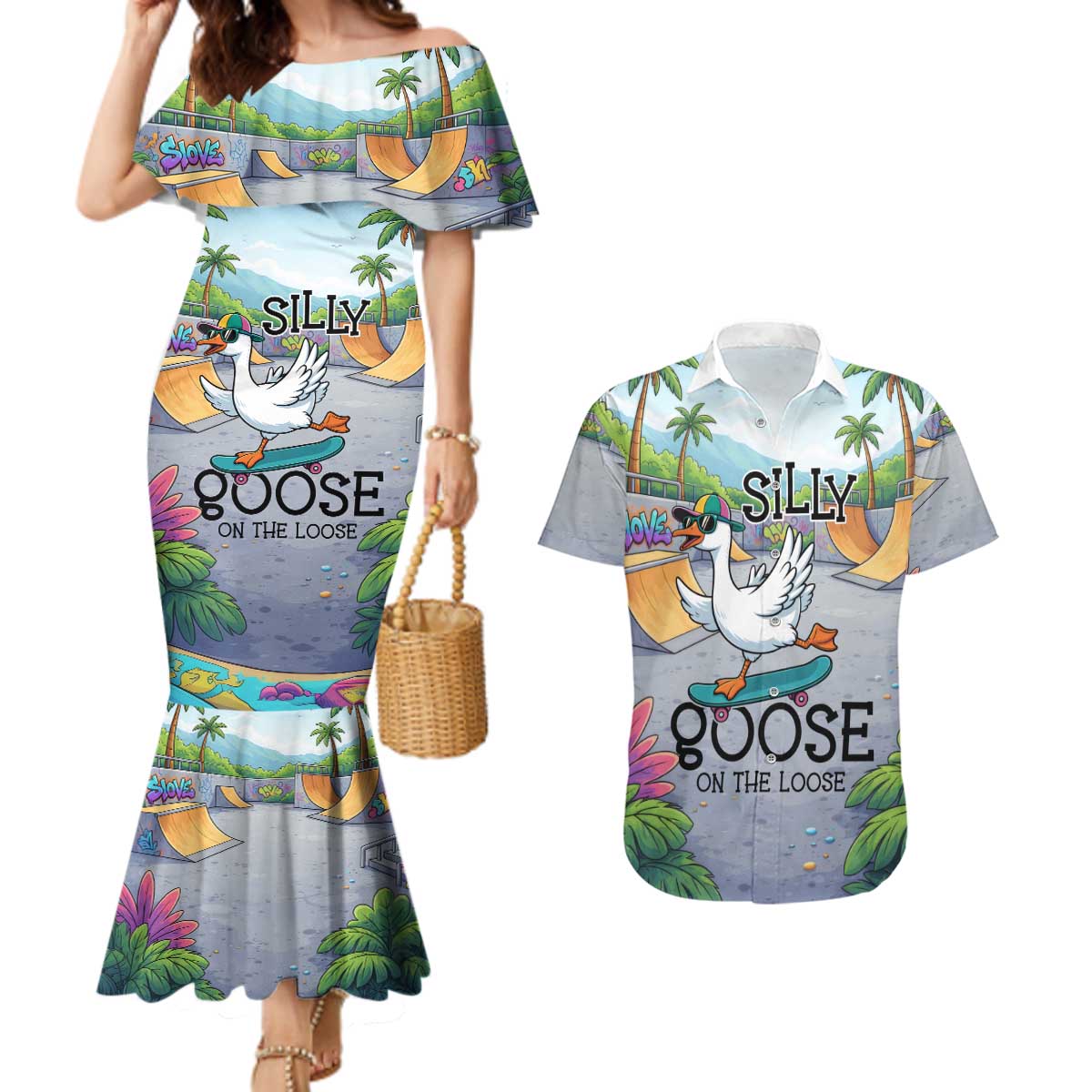 Funny Silly Goose on The Loose Couples Matching Mermaid Dress and Hawaiian Shirt with Skateboard and Palm Trees