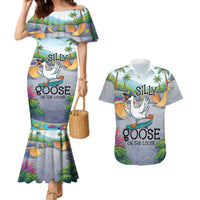 Funny Silly Goose on The Loose Couples Matching Mermaid Dress and Hawaiian Shirt with Skateboard and Palm Trees