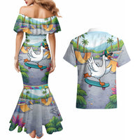 Funny Silly Goose on The Loose Couples Matching Mermaid Dress and Hawaiian Shirt with Skateboard and Palm Trees