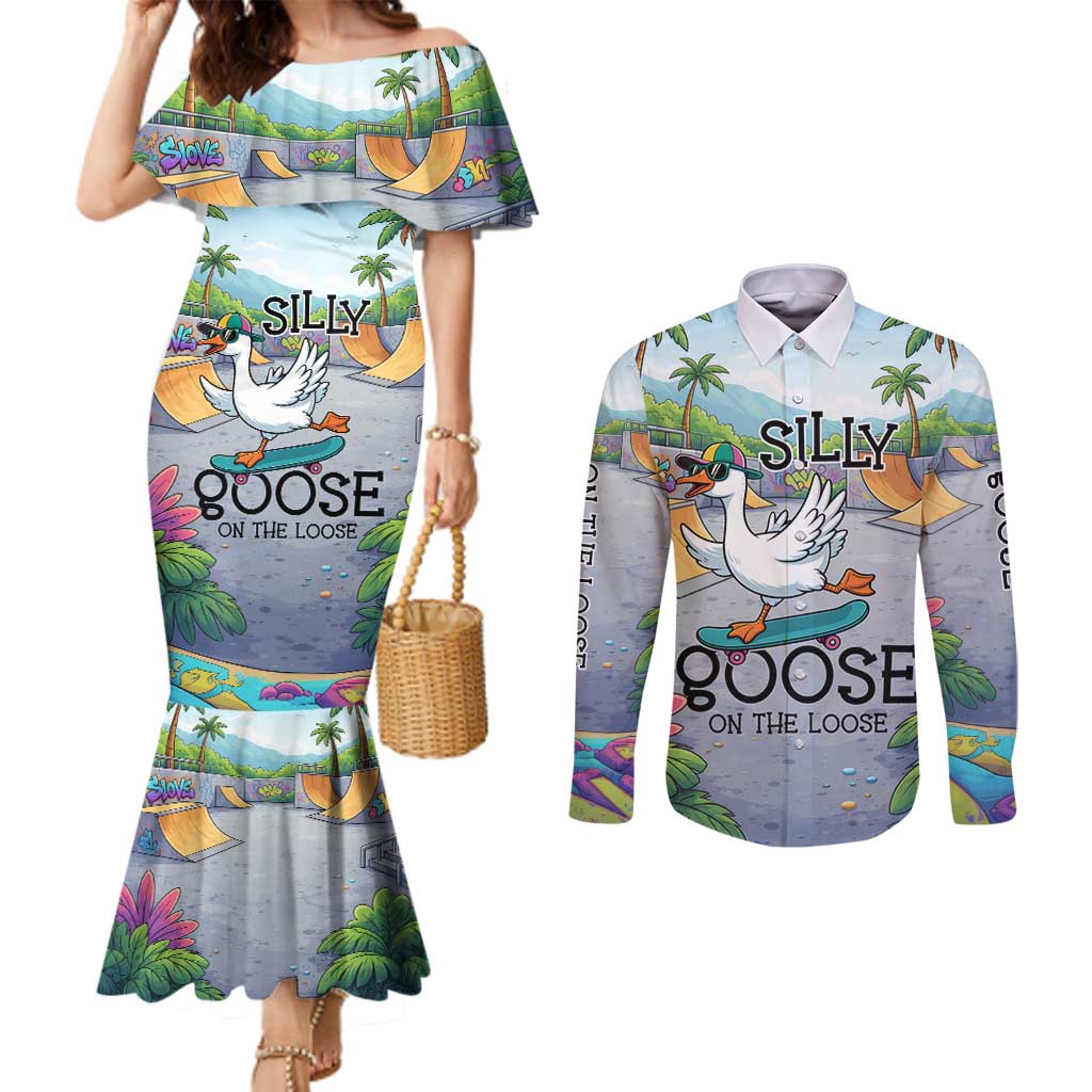 Funny Silly Goose on The Loose Couples Matching Mermaid Dress and Long Sleeve Button Shirt with Skateboard and Palm Trees