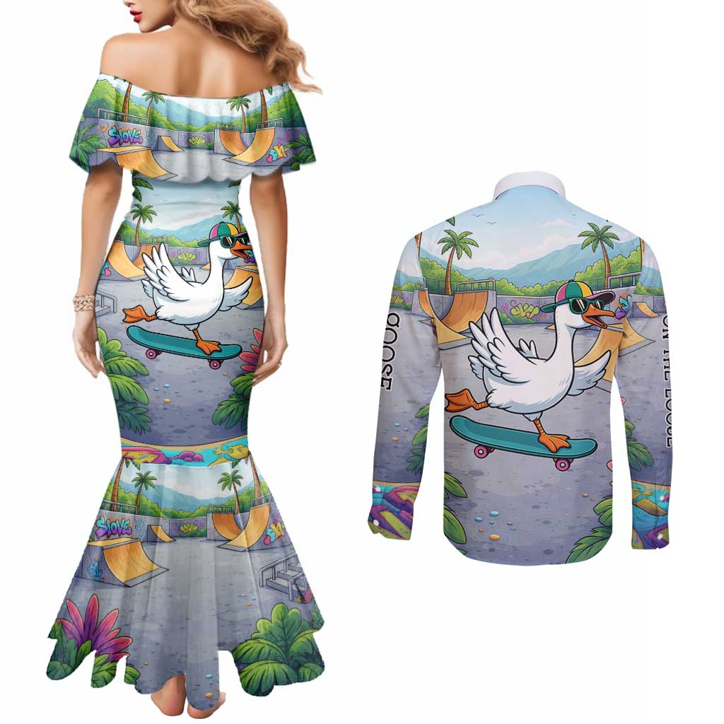 Funny Silly Goose on The Loose Couples Matching Mermaid Dress and Long Sleeve Button Shirt with Skateboard and Palm Trees