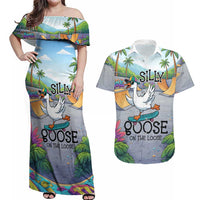 Funny Silly Goose on The Loose Couples Matching Off Shoulder Maxi Dress and Hawaiian Shirt with Skateboard and Palm Trees