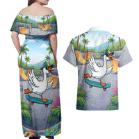 Funny Silly Goose on The Loose Couples Matching Off Shoulder Maxi Dress and Hawaiian Shirt with Skateboard and Palm Trees