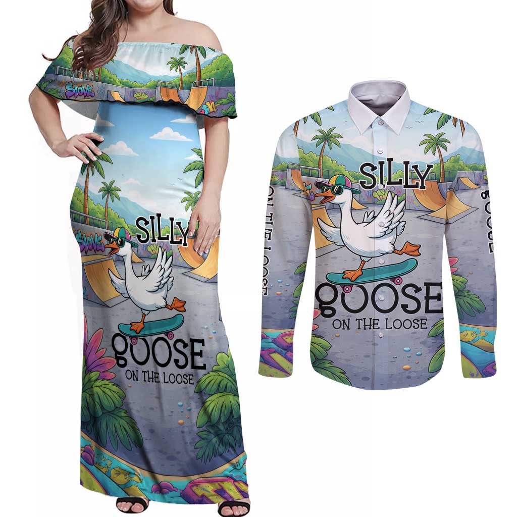 Funny Silly Goose on The Loose Couples Matching Off Shoulder Maxi Dress and Long Sleeve Button Shirt with Skateboard and Palm Trees