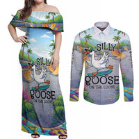Funny Silly Goose on The Loose Couples Matching Off Shoulder Maxi Dress and Long Sleeve Button Shirt with Skateboard and Palm Trees