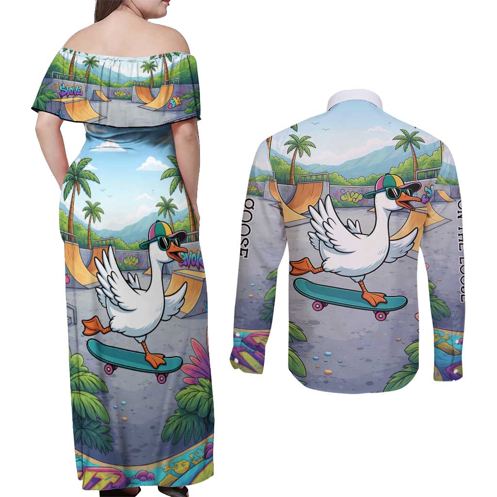 Funny Silly Goose on The Loose Couples Matching Off Shoulder Maxi Dress and Long Sleeve Button Shirt with Skateboard and Palm Trees