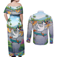 Funny Silly Goose on The Loose Couples Matching Off Shoulder Maxi Dress and Long Sleeve Button Shirt with Skateboard and Palm Trees