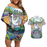 Funny Silly Goose on The Loose Couples Matching Off Shoulder Short Dress and Hawaiian Shirt with Skateboard and Palm Trees