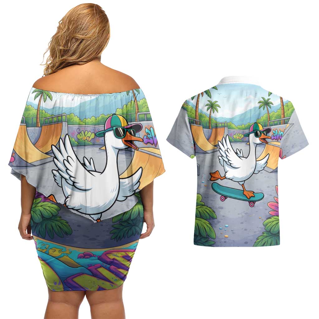 Funny Silly Goose on The Loose Couples Matching Off Shoulder Short Dress and Hawaiian Shirt with Skateboard and Palm Trees