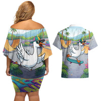 Funny Silly Goose on The Loose Couples Matching Off Shoulder Short Dress and Hawaiian Shirt with Skateboard and Palm Trees
