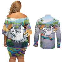 Funny Silly Goose on The Loose Couples Matching Off Shoulder Short Dress and Long Sleeve Button Shirt with Skateboard and Palm Trees