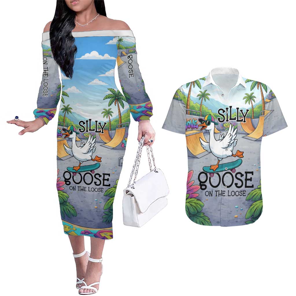 Funny Silly Goose on The Loose Couples Matching Off The Shoulder Long Sleeve Dress and Hawaiian Shirt with Skateboard and Palm Trees