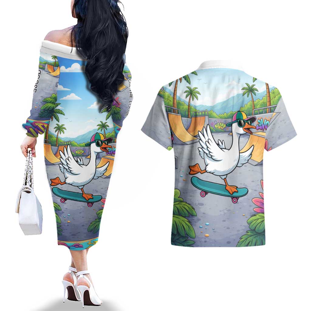 Funny Silly Goose on The Loose Couples Matching Off The Shoulder Long Sleeve Dress and Hawaiian Shirt with Skateboard and Palm Trees
