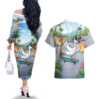Funny Silly Goose on The Loose Couples Matching Off The Shoulder Long Sleeve Dress and Hawaiian Shirt with Skateboard and Palm Trees