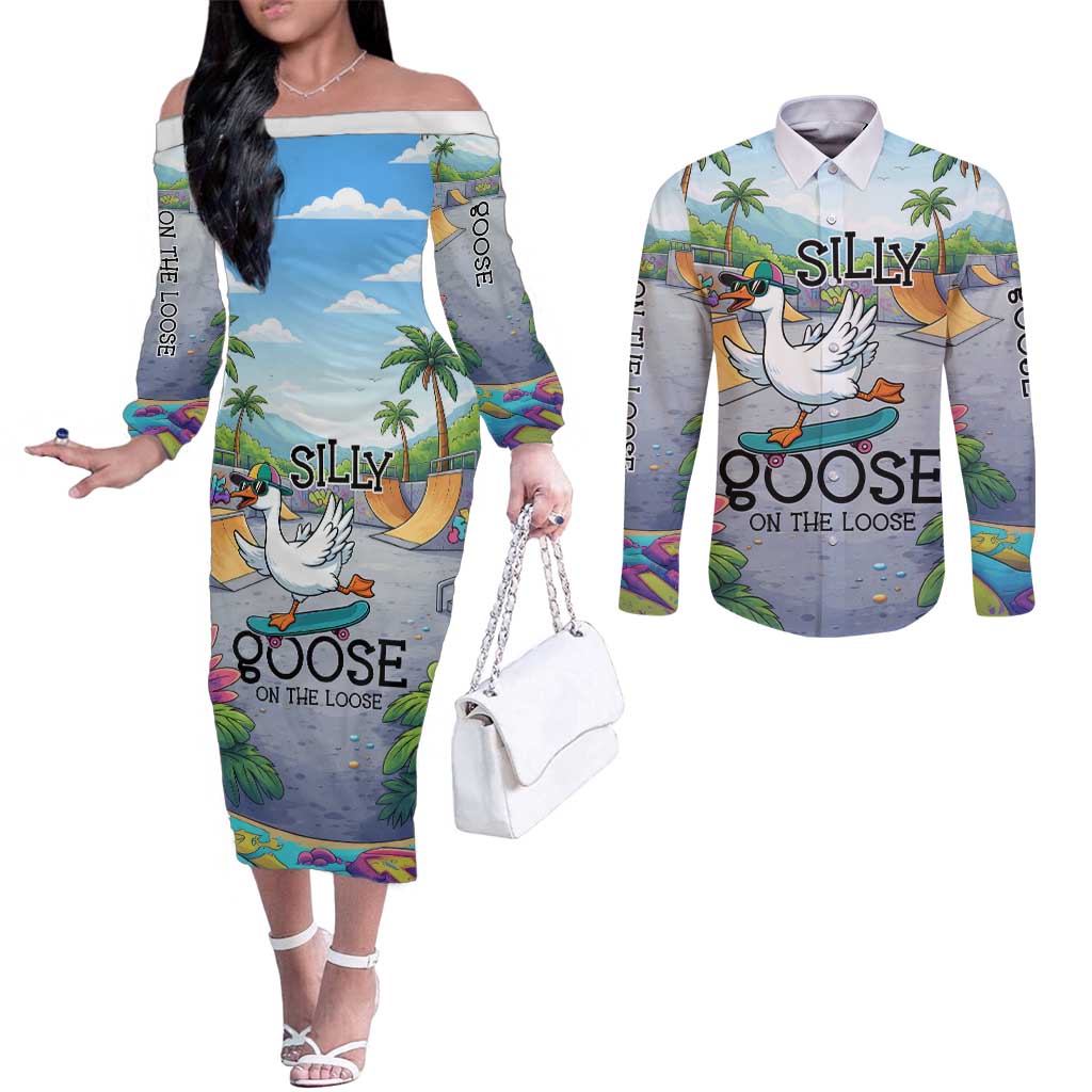 Funny Silly Goose on The Loose Couples Matching Off The Shoulder Long Sleeve Dress and Long Sleeve Button Shirt with Skateboard and Palm Trees