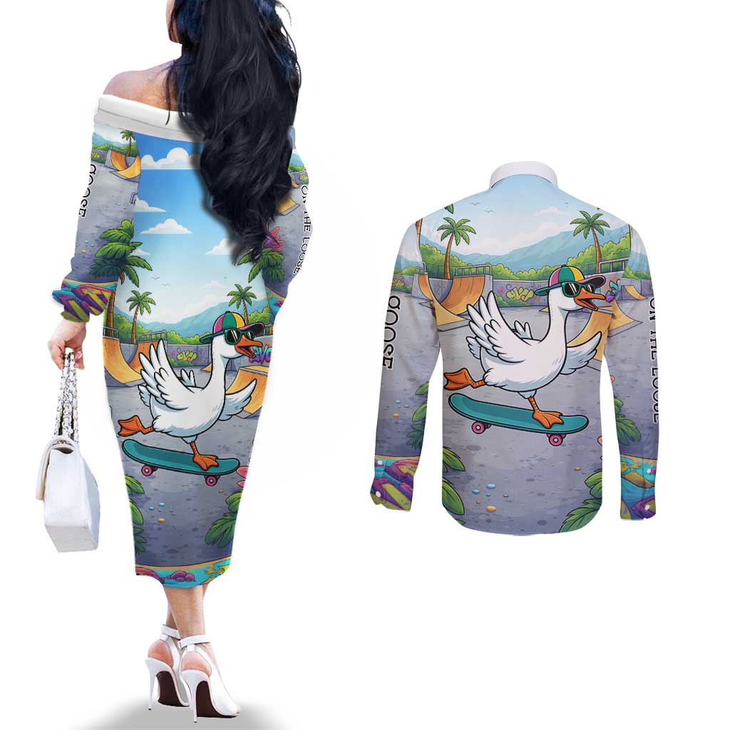 Funny Silly Goose on The Loose Couples Matching Off The Shoulder Long Sleeve Dress and Long Sleeve Button Shirt with Skateboard and Palm Trees