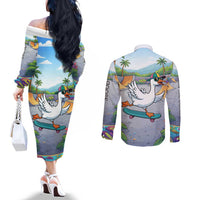 Funny Silly Goose on The Loose Couples Matching Off The Shoulder Long Sleeve Dress and Long Sleeve Button Shirt with Skateboard and Palm Trees