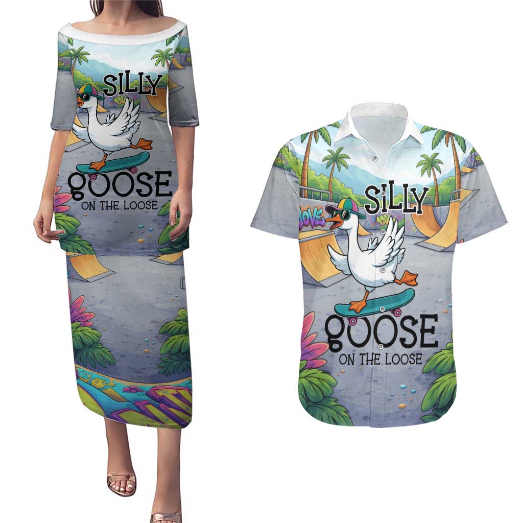 Funny Silly Goose on The Loose Couples Matching Puletasi and Hawaiian Shirt with Skateboard and Palm Trees