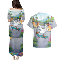 Funny Silly Goose on The Loose Couples Matching Puletasi and Hawaiian Shirt with Skateboard and Palm Trees