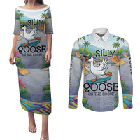 Funny Silly Goose on The Loose Couples Matching Puletasi and Long Sleeve Button Shirt with Skateboard and Palm Trees