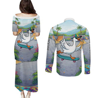 Funny Silly Goose on The Loose Couples Matching Puletasi and Long Sleeve Button Shirt with Skateboard and Palm Trees