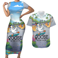 Funny Silly Goose on The Loose Couples Matching Short Sleeve Bodycon Dress and Hawaiian Shirt with Skateboard and Palm Trees