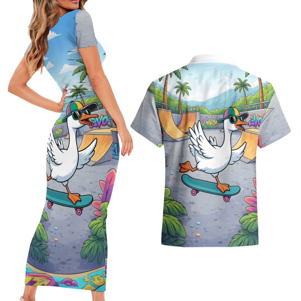 Funny Silly Goose on The Loose Couples Matching Short Sleeve Bodycon Dress and Hawaiian Shirt with Skateboard and Palm Trees