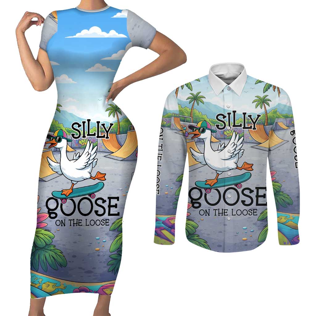 Funny Silly Goose on The Loose Couples Matching Short Sleeve Bodycon Dress and Long Sleeve Button Shirt with Skateboard and Palm Trees