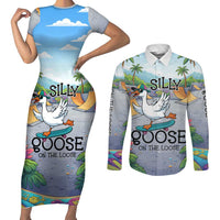 Funny Silly Goose on The Loose Couples Matching Short Sleeve Bodycon Dress and Long Sleeve Button Shirt with Skateboard and Palm Trees