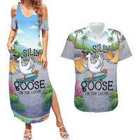Funny Silly Goose on The Loose Couples Matching Summer Maxi Dress and Hawaiian Shirt with Skateboard and Palm Trees