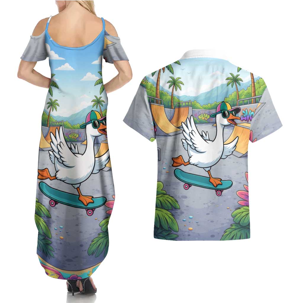 Funny Silly Goose on The Loose Couples Matching Summer Maxi Dress and Hawaiian Shirt with Skateboard and Palm Trees