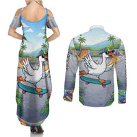 Funny Silly Goose on The Loose Couples Matching Summer Maxi Dress and Long Sleeve Button Shirt with Skateboard and Palm Trees