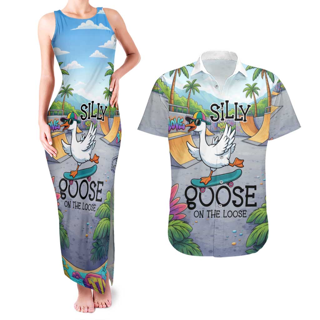 Funny Silly Goose on The Loose Couples Matching Tank Maxi Dress and Hawaiian Shirt with Skateboard and Palm Trees
