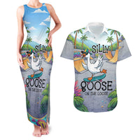 Funny Silly Goose on The Loose Couples Matching Tank Maxi Dress and Hawaiian Shirt with Skateboard and Palm Trees