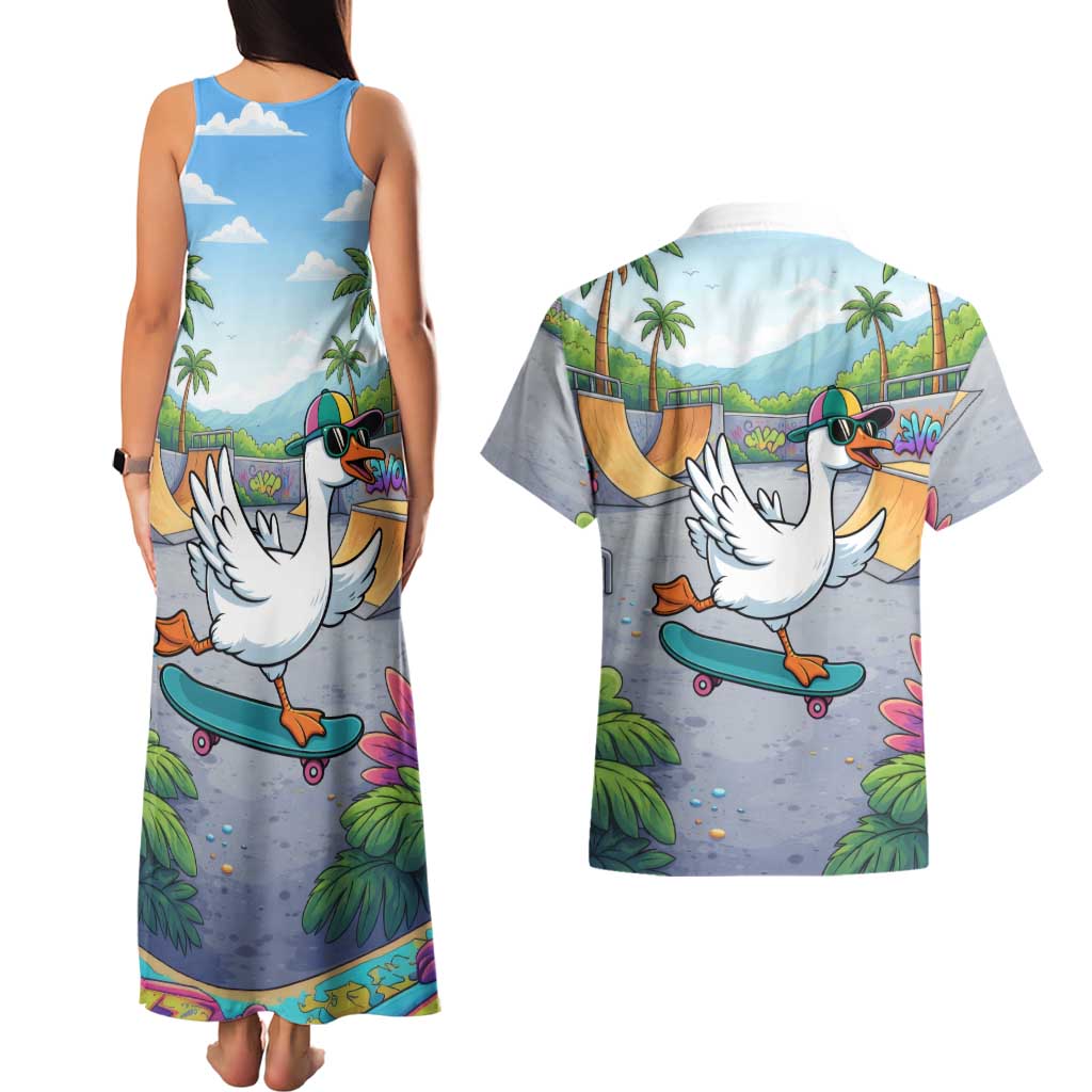 Funny Silly Goose on The Loose Couples Matching Tank Maxi Dress and Hawaiian Shirt with Skateboard and Palm Trees