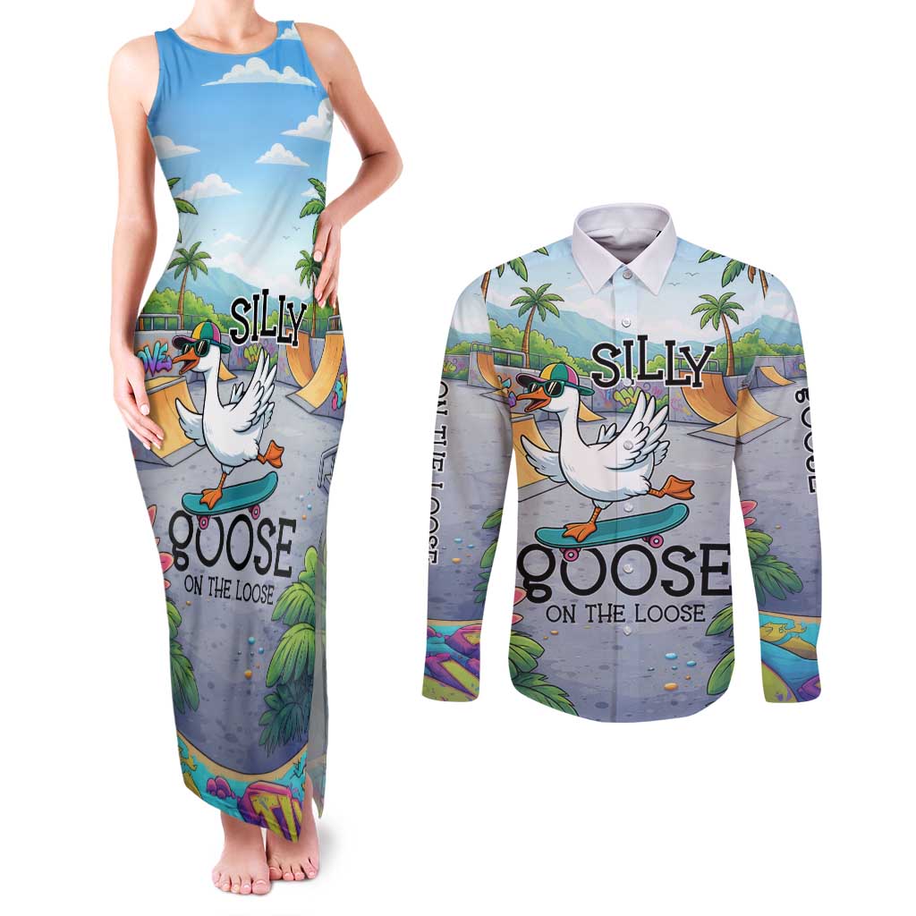 Funny Silly Goose on The Loose Couples Matching Tank Maxi Dress and Long Sleeve Button Shirt with Skateboard and Palm Trees