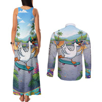Funny Silly Goose on The Loose Couples Matching Tank Maxi Dress and Long Sleeve Button Shirt with Skateboard and Palm Trees