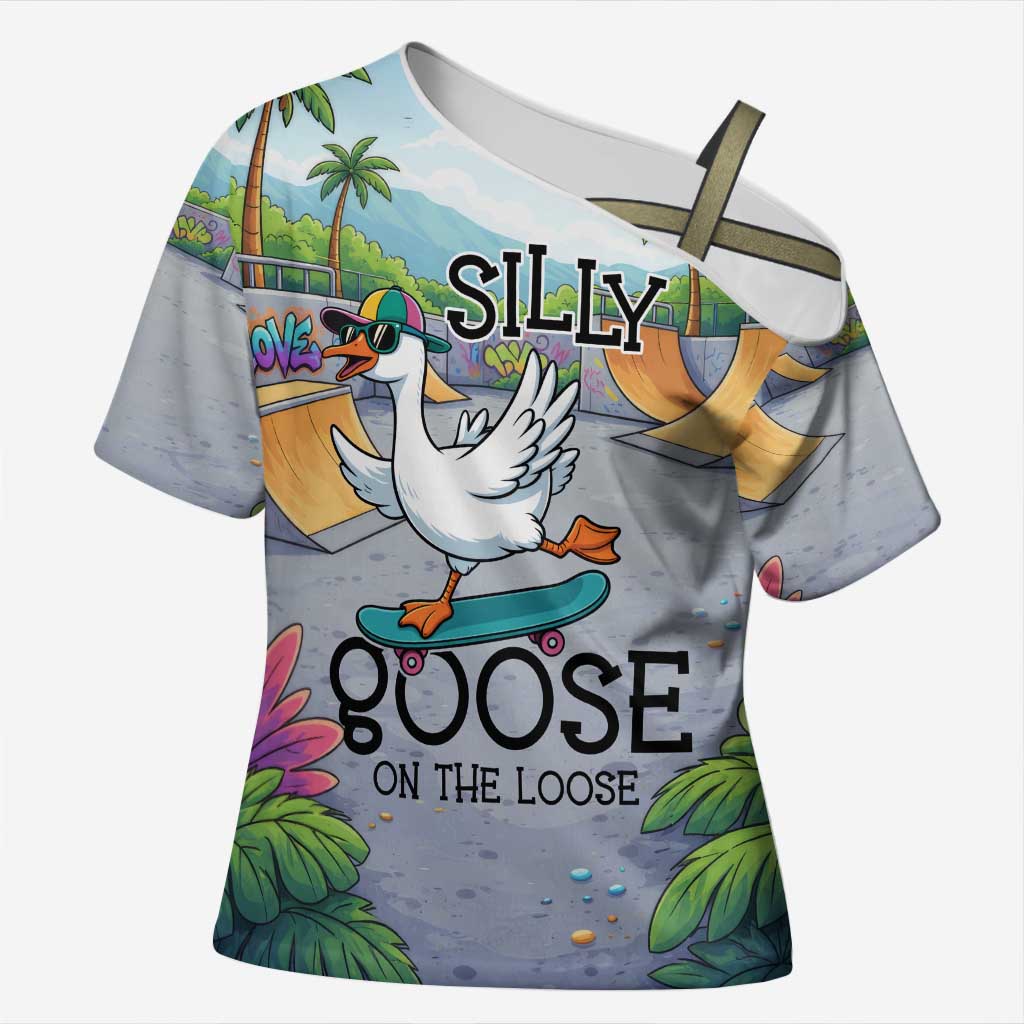 Funny Silly Goose on The Loose Cross Shoulder Shirt with Skateboard and Palm Trees