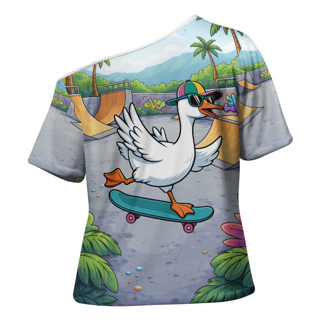 Funny Silly Goose on The Loose Cross Shoulder Shirt with Skateboard and Palm Trees