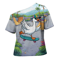 Funny Silly Goose on The Loose Cross Shoulder Shirt with Skateboard and Palm Trees