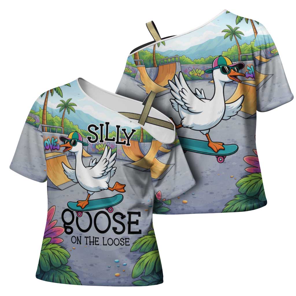 Funny Silly Goose on The Loose Cross Shoulder Shirt with Skateboard and Palm Trees